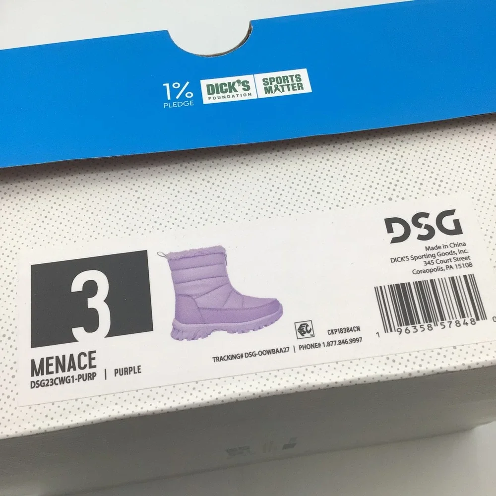 DSG Menace Kids Purple Puffer Winter Snow Boots Faux Fur Trim Size 3 NEW
